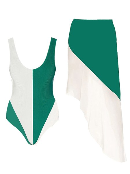 

Casual Split Joint Color Block Scoop Neck One Piece With Cover Up, White-green, Coverups