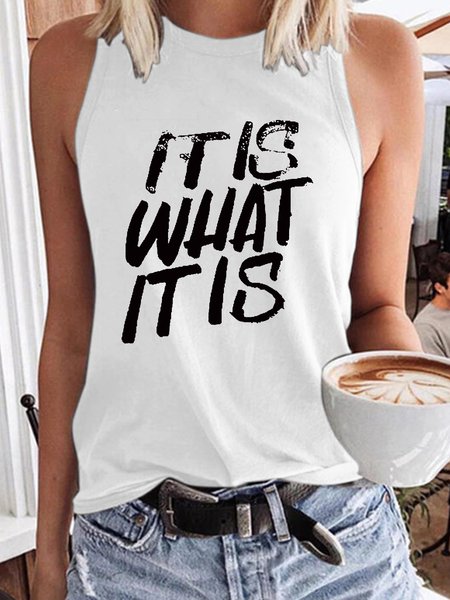 Women's It Is What It Is Print Crew Neck Casual Tank Top, White, Tank Tops