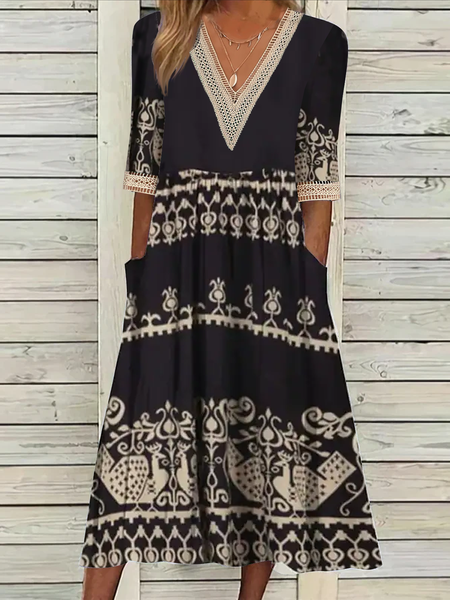 

Boho V Neck Ethnic Lace Dress, Black, Dresses