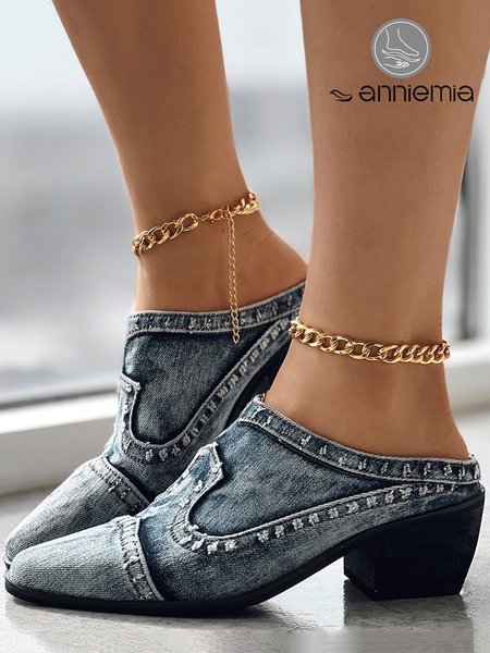 

Distressed Denim Blue Chunky Heel Mules, Heels