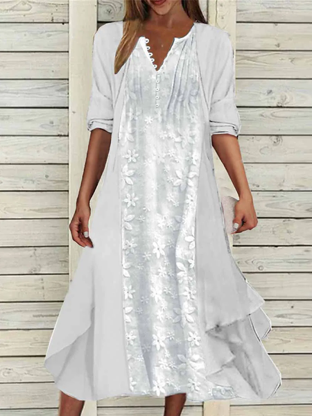 

Women's Two Piece Dress Set Cotton Linen Dress Casual Dress Outdoor Daily Fashion Elegant Lace Button Midi Dress V Neck Half Sleeve Plain Regular Fit White Summer Spring, Suit Set