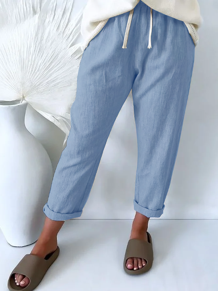 

Women Drawstring Wasit Casual Pockets Gray Cotton And Linen Pants, Blue, Pants