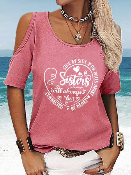 

Women's Side By Side Or Miles Apart Sisters Will Always Be Connected By Heart Cotton-Blend Casual T-Shirt, Pink, T-shirts