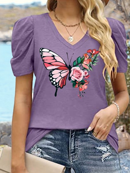 Women's Casual Butterfly Flower V Neck T-Shirt, Purple, T-shirts