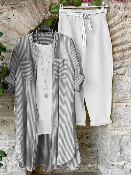 

Cotton leprosy holiday striped shirt coat vest pants three-piece set with belt, White, Suits