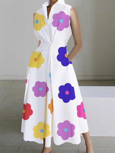 

Regular Fit Shirt Collar Elegant Floral Dress, White, Midi Dresses