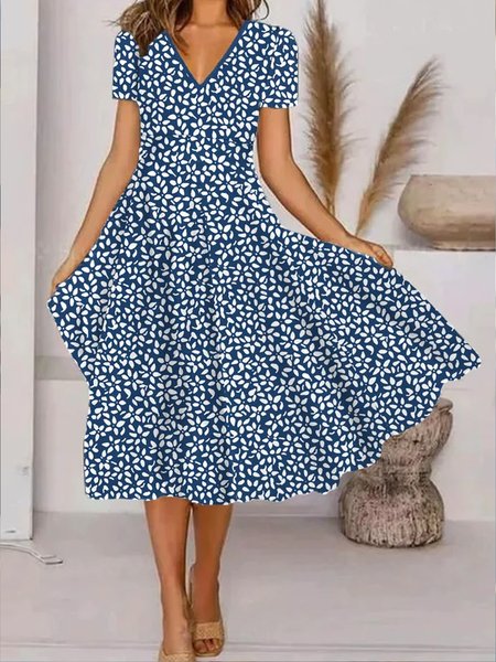 

Plus Size Regular Fit V Neck Casual Dress, Blue, Dresses