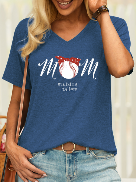 

Women’s Baseball Mom Raising Ballers Text Letters Casual T-Shirt, Blue, T-shirts