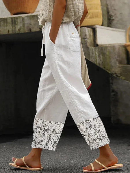 

Cotton And Linen Lace Paneled Casual Pants, White, Pants