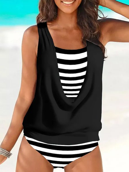 

Casual Striped Printing Scoop Neck Tankini, Black, swimwear>>Tankinis