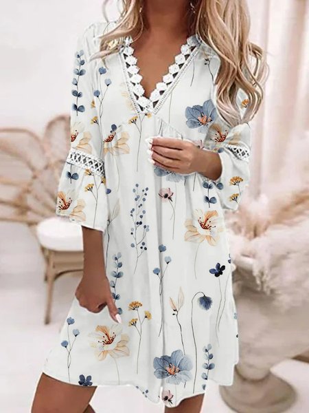 

Casual V Neck Lace Loose Floral Dress, White, Dresses