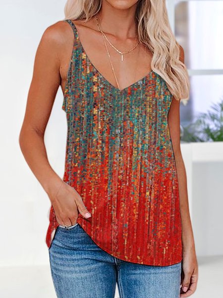

V Neck Loose Casual Gradient Pattern Cami, Red, Tanks & Camis