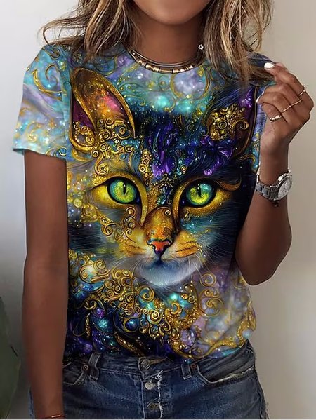 

Crew Neck Cat Loose Casual T-Shirt, Dark blue, T-Shirts