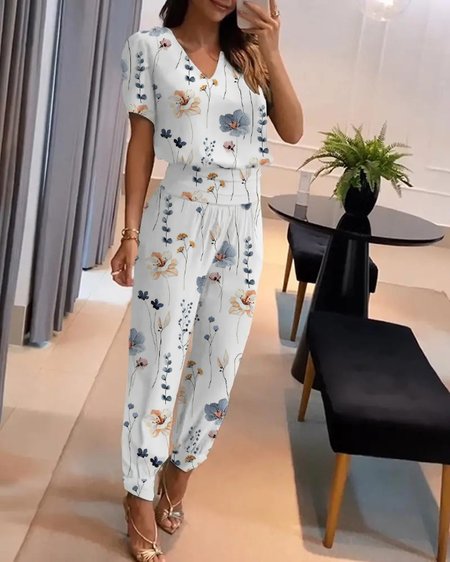 

Casual Floral Loose Two-Piece Set, White, Suit Set