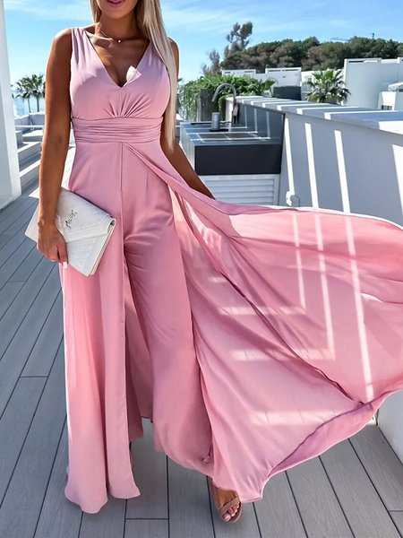 

V Neck Chiffon Loose Casual Jumpsuit, Pink, Jumpsuits＆Rompers
