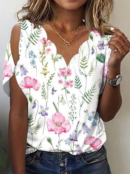 

Casual V Neck Floral T-Shirt, White, T-Shirts