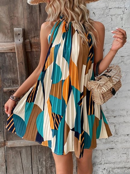 

Geometric Loose Vacation Halter Dress, As picture, Mini Dresses