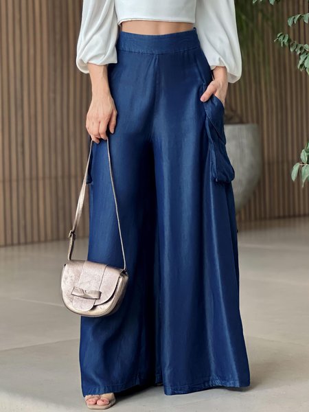 

Urban Denim Plain Loose Fashion Pockets Wide leg Pants, Blue, Pants