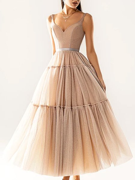 

Daily Plain Regular Fit Elegant V Neck Dress, Apricot, Maxi Dresses