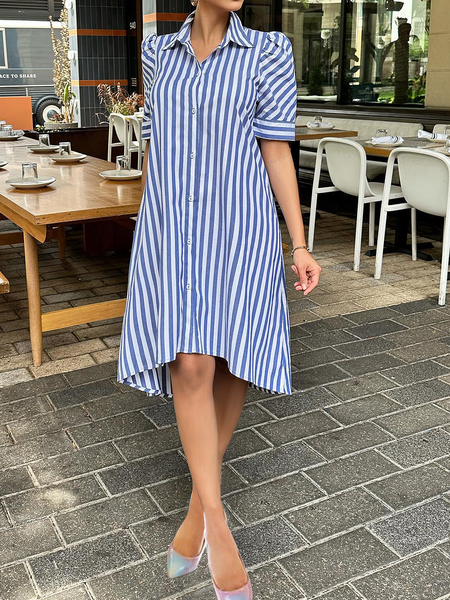 

Lightweight Striped Shirt Collar Short sleeve Urban Loose Skirt Dress, Stripe-blue, Mini Dresses
