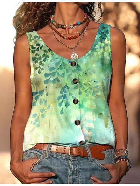 

Loose Crew Neck Floral Casual Blouse, Green, Tanks & Camis