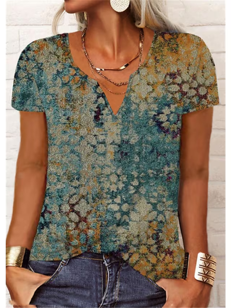 

V Neck Ethnic Casual Loose Shirt, Green, T-Shirts