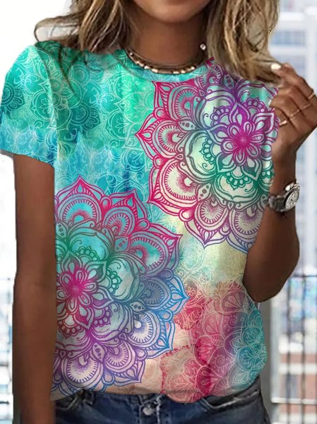 

Mandala Vintage Loose Crew Neck Ethnic T-Shirt, Blue, T-Shirts