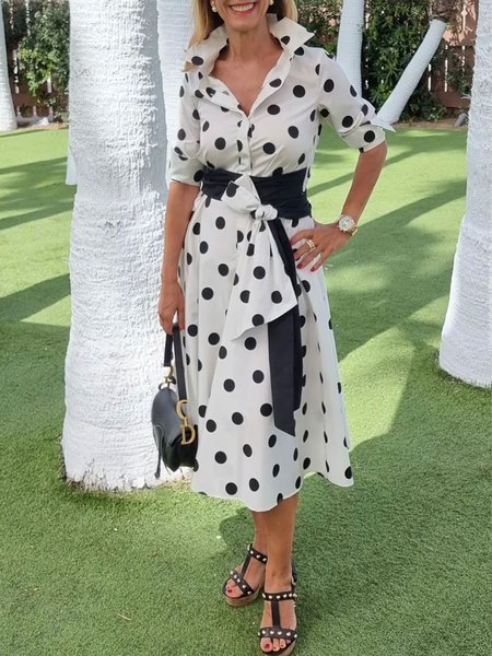 

Elegant Shirt Collar Regular Fit Polka Dots Shirt Dress, White, Midi Dresses