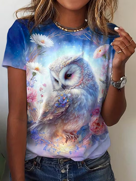 

Crew Neck Animal Owl Pattern Loose Casual T-Shirt, Blue, T-Shirts