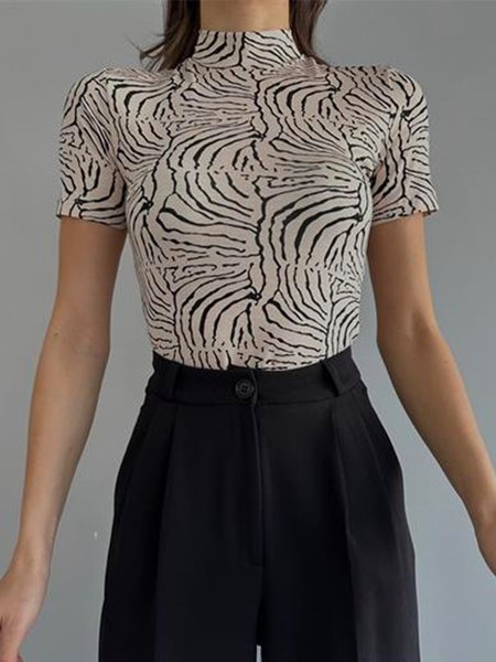 

Half Turtleneck Abstract Tight Casual T-Shirt, As picture, Tees