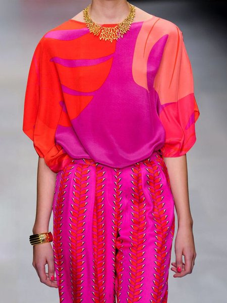 

Color Block Crew Neck Loose Vacation Shirt, Rose red, Blouses and Shirts