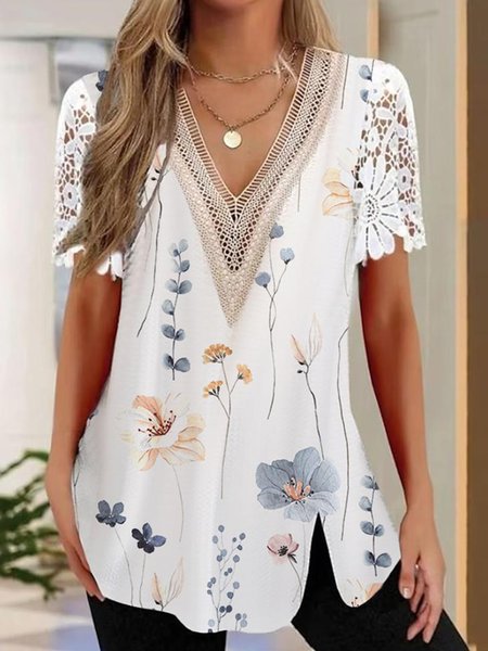 

Floral Elegant Lace V Neck Shirt, White, Shirts & Blouses