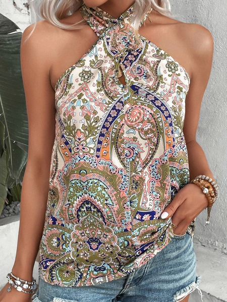 

Halter Casual Ethnic Tank Top, White, Tanks & Camis