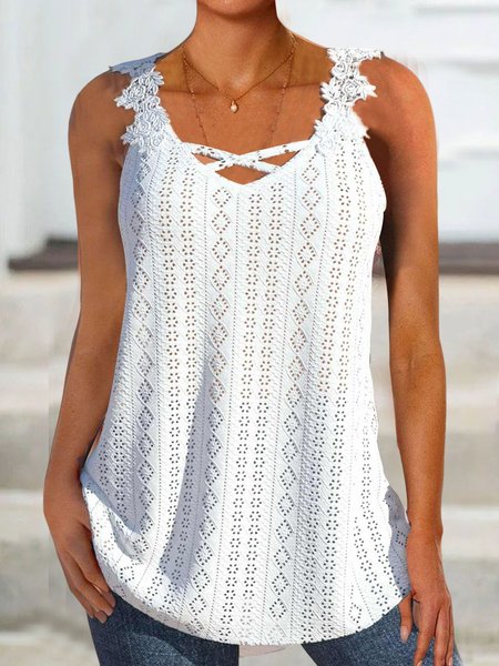 

Hollow Breathable Lace Loose Tank Top, White, Tanks & Camis