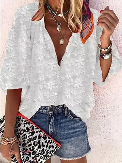

Linen Loose Cotton-Blend Blouse, White, Blouses & Shirts