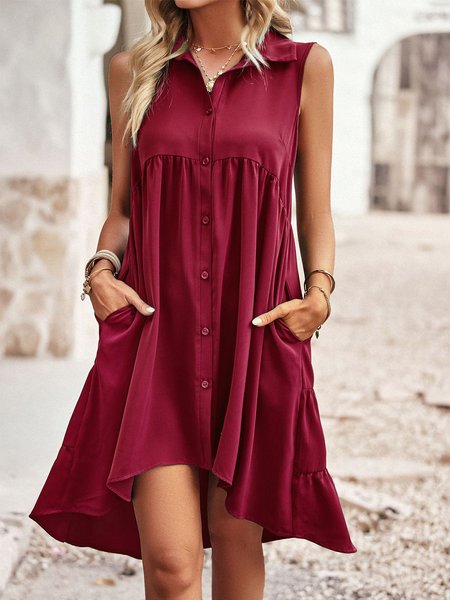 

Buttoned Plain Loose Simple Dress, Red, Dresses