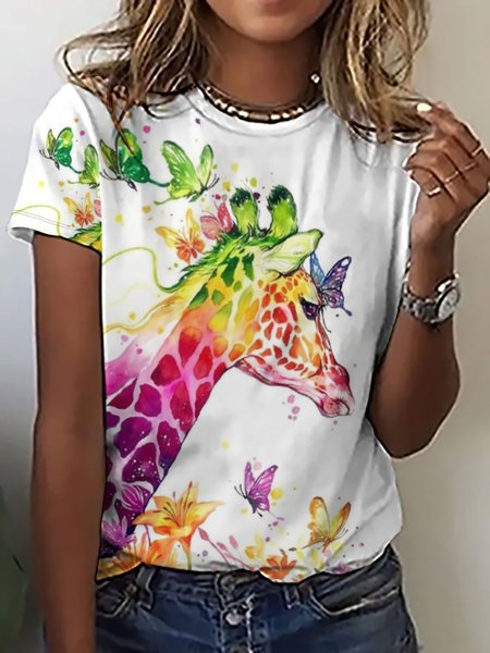 

Women‘s Butterfly Giraffe Art Print Crew Neck Casual T-Shirt, White, T-shirts