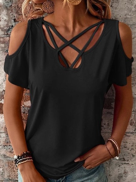 

Plain Notched Simple Loose T-Shirt, Black, T-Shirts