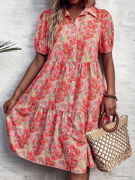 

Vacation Buttoned Floral Loose Dress, Red, Dresses
