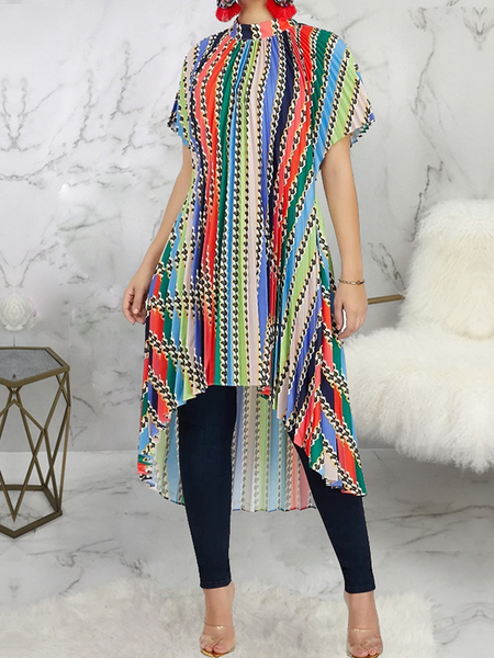 

Loose Abstract Stand Collar Short sleeve Urban Mid-long Shirt, As picture, Blouses and Shirts