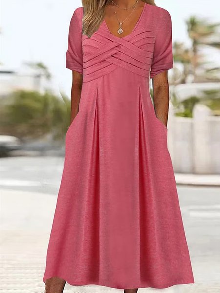 

Plain V Neck Loose Casual Plain Pocket Knot Front Dress, Pink, Dresses