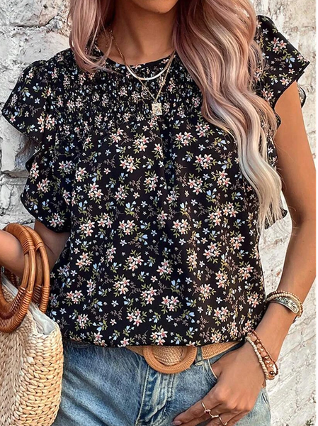 

Casual Loose Crew Neck Floral Shirt, Black, Shirts & Blouses