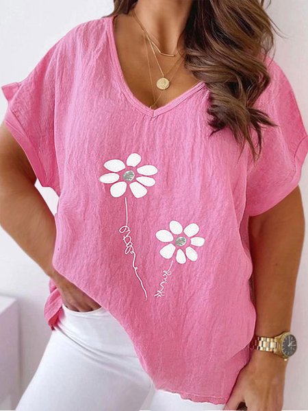 

Plus Size Crew Neck Loose Casual Cotton Shirt, Rose red, Shirts & Blouses