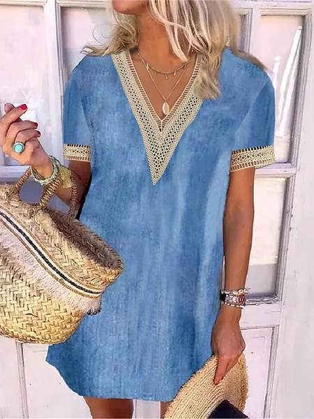 

V Neck Lace Loose Casual Dress, Denim blue, Dresses