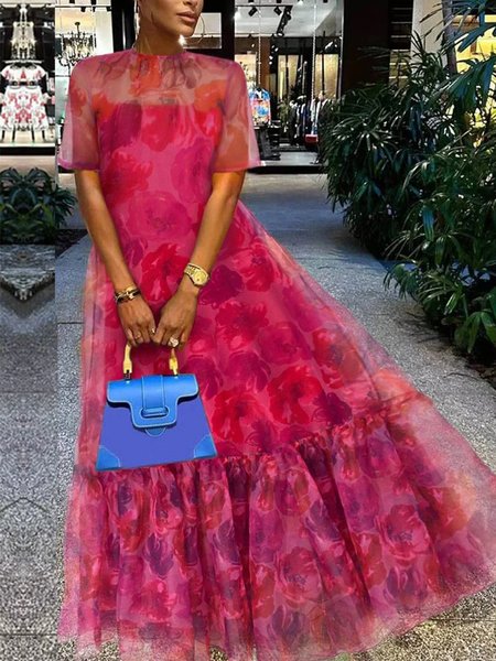 

Short sleeve Crew Neck Elegant Regular Fit Dress, Rose red, Maxi Dresses