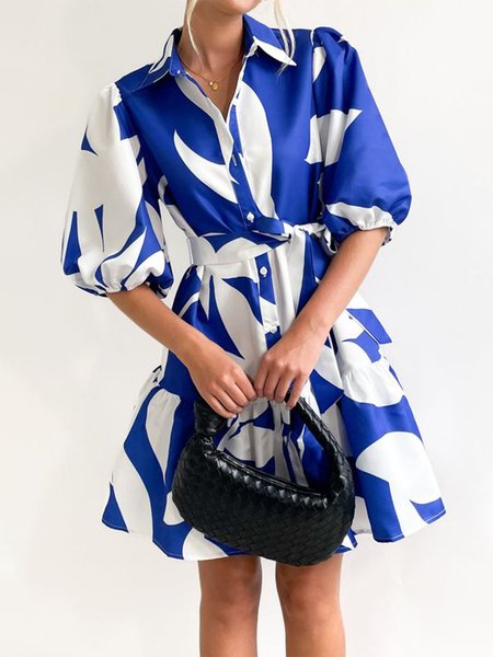 

Plants Loose Lantern Sleeve Casual Dress, Blue, Mini Dresses
