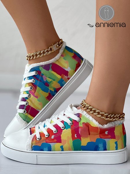 

Multicolor Art Printed Fringe Hem Lace-Up Canvas Shoes, Sneakers