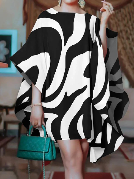 

Crew Neck Loose Short sleeve Abstract Urban Skirt Dress, Black, Mini Dresses