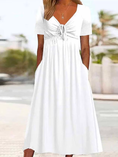 

Casual V Neck Loose Plain Dress, White, Dresses