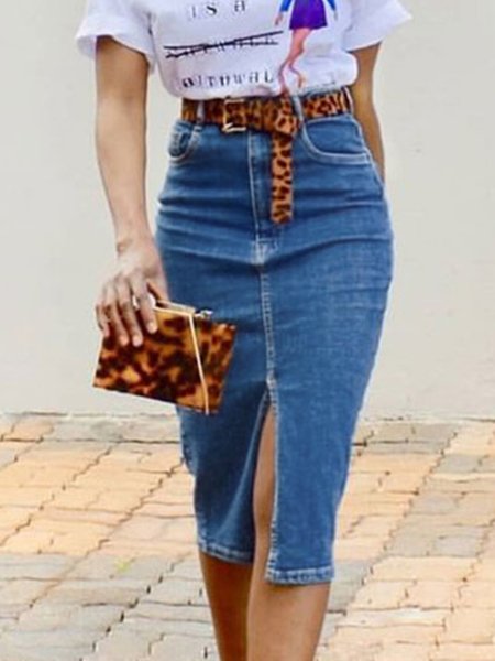 

Denim Plain Urban Regular Fit Denim Skirt, Blue, Denim Skirts